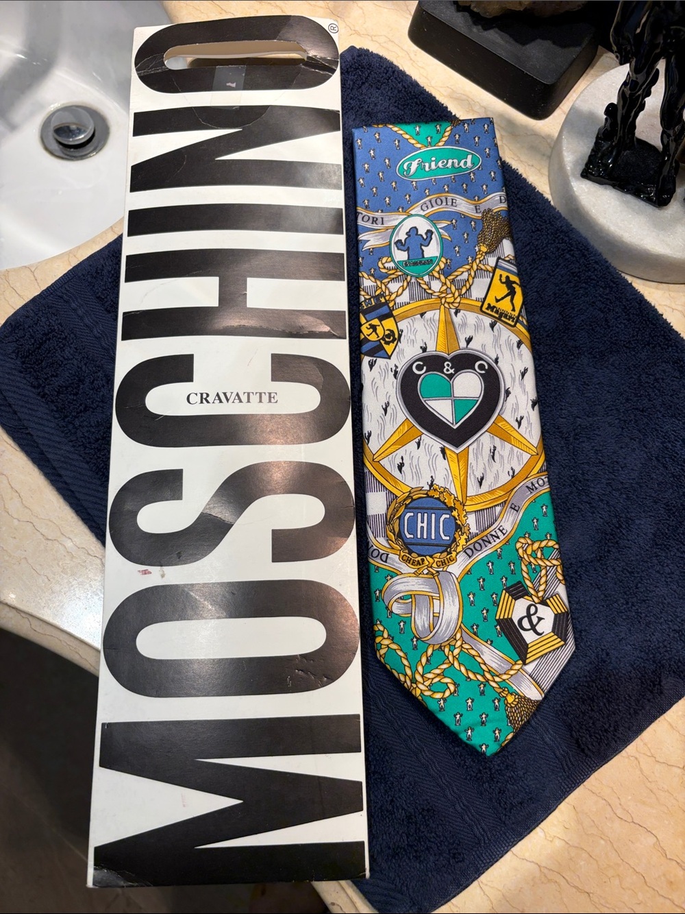Moschino Blue, Teal & Gold Graphic Silk Tie
